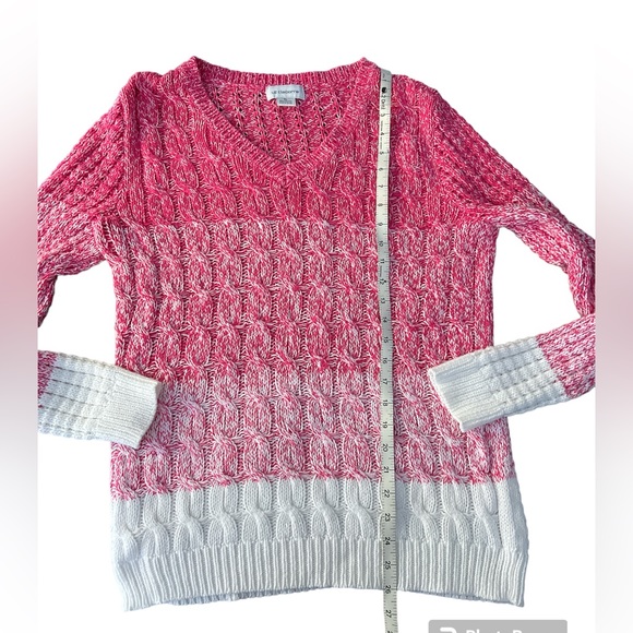 LIZ CLAIBORNE CABLE KNIT V NECK SWEATER SIZE XL COTTON BLEND EUC PINK/WHITE - Picture 4 of 8
